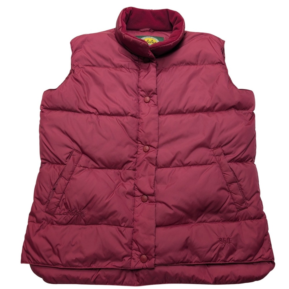 Cabelas Goose Down Puffer Vest Womens Small Burgundy 650 Fill Snap Front
